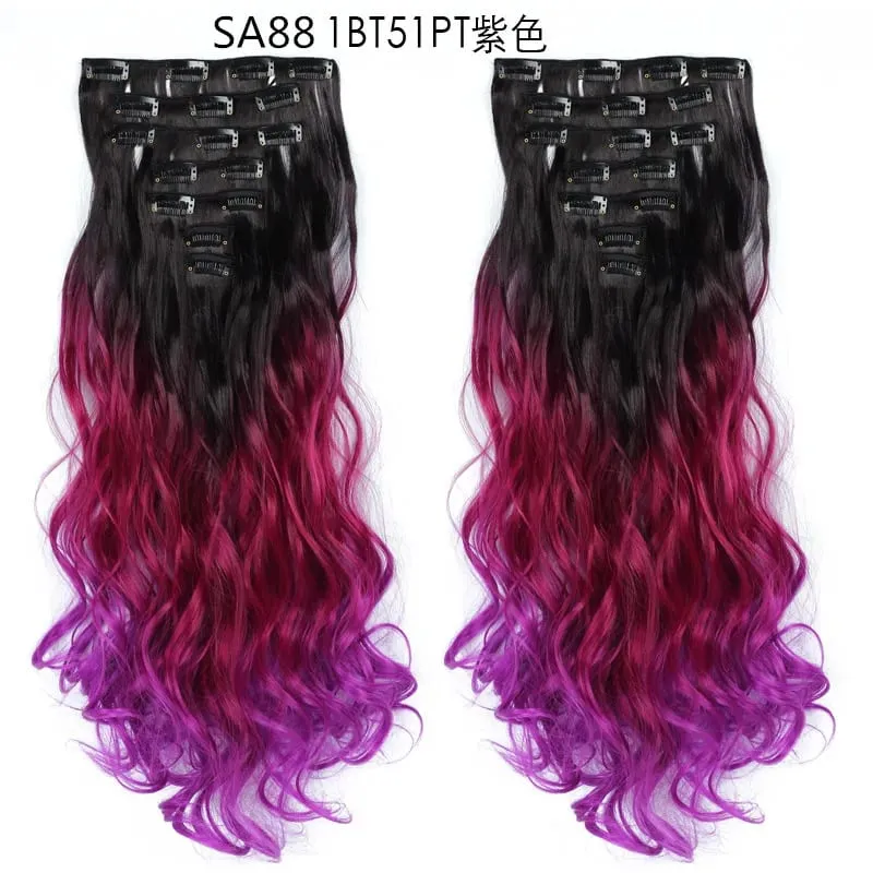 Clip in Long Wavy Synthetic Hair Extension 22 Inch Black 7PCS Thick Hairpieces Fiber Double Weft Hair for Women