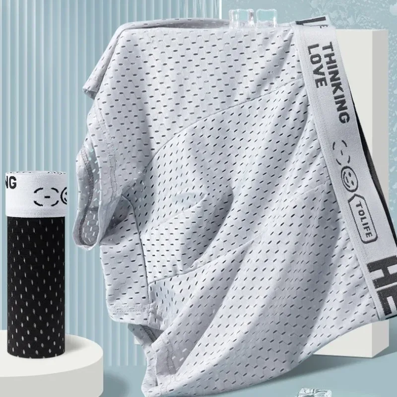 6 bitar av mesh Ice Silk boxningsshorts för herrunderkläder Andas sexig slim fit och sömlösa platta hörnbyxor stor storlek