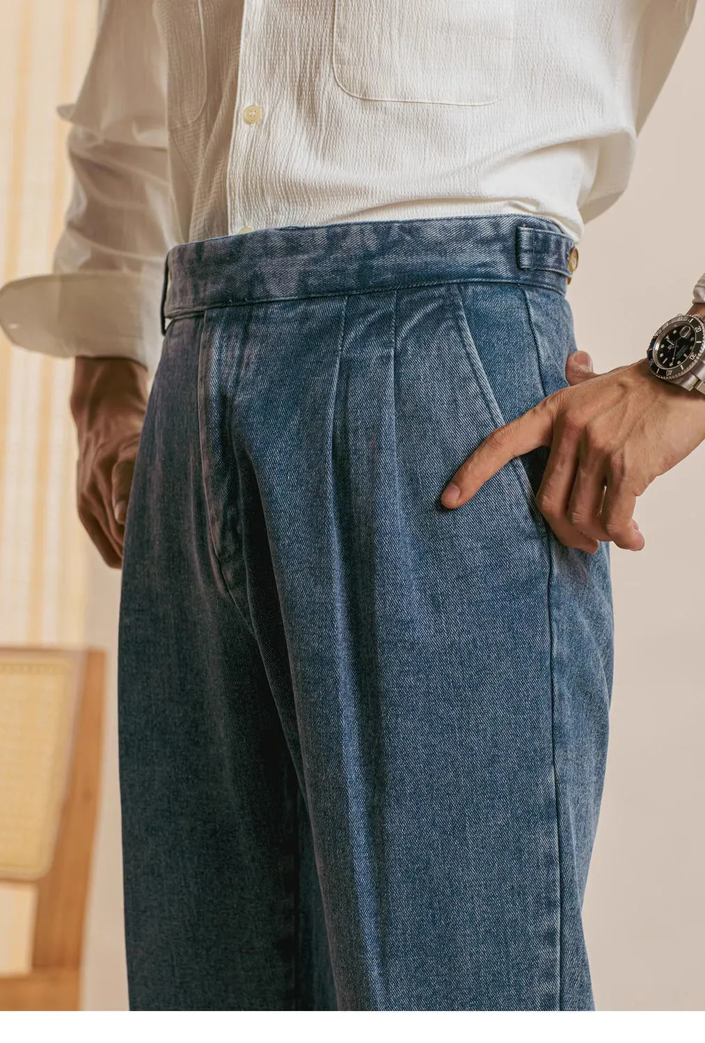 Double Pleat Jeans Men Naples Pants Wash Cotton Loose Straight Trousers Spring Autumn Fashion England High Waisted Denim Pant — image 3