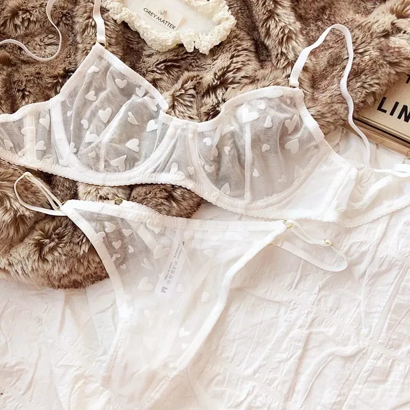 2 Pieces Lingerie Set Sexy Ultra Thin Breathable Brassiere for Women Push Up Bra Set Summer Mesh Romantic Peach Heart Intimates — image 15