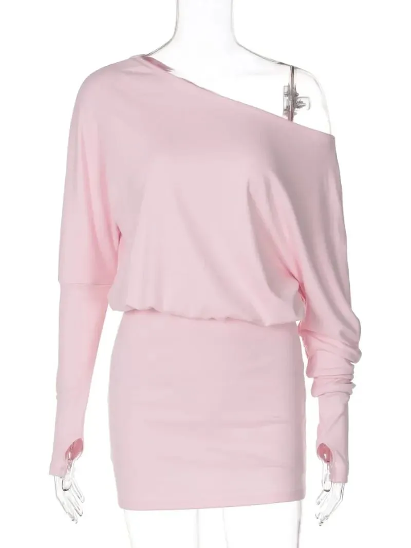 Woman Clothes Diagonal Collar Long Sleeve Package Hip Short Dress Streetwear Black Pink High Waist Tunics Slim Party Dresses — image 5