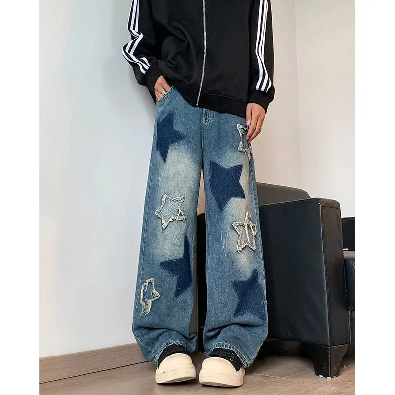 Jeans Men Straight Star Embroidery Patchwork Autumn Jeans Uomo Wide Leg Hip-hop Fashion Youth Neutral Streetwear Denim Trousers — image 9