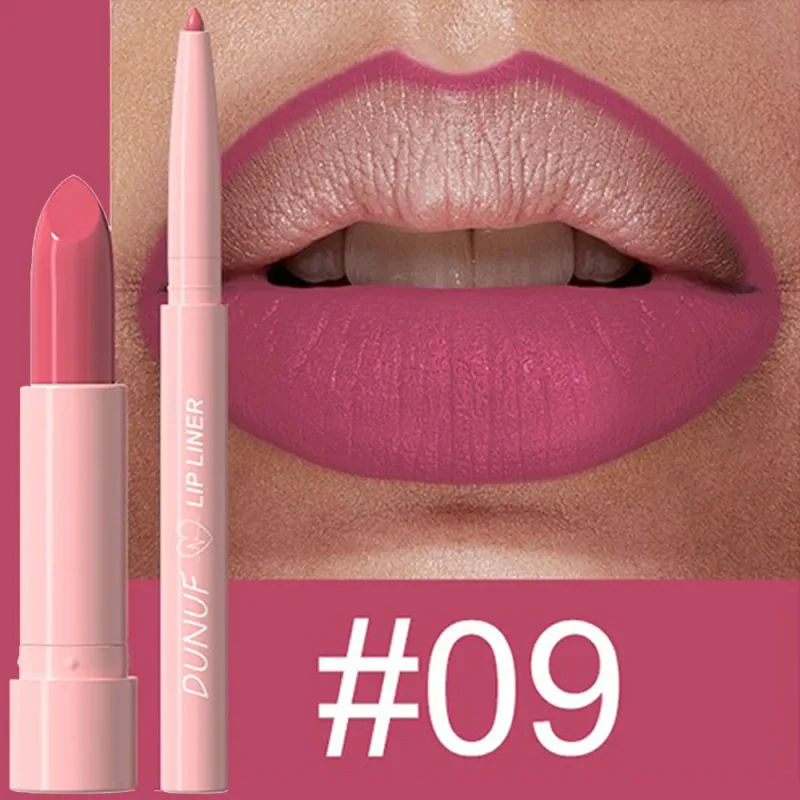 2Pcs/Set Lipstick+Lip Liner Makeup Kit Matte Nude Long-lasting Waterproof Non Staining Tapered Nib Lip Contour Pen Lip Cosmetics
