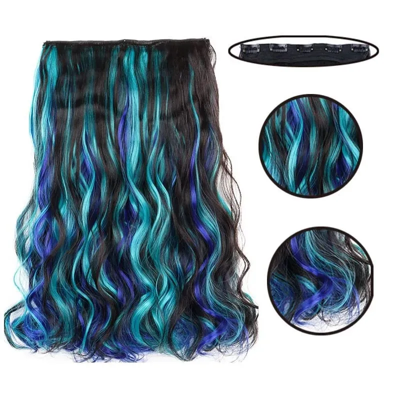 Synthetic 5Clip in Hair Curly Extension 18 Inch Curly Black Mix Blue Highlights Thick Hairpieces Fiber Hair for Women — image 4