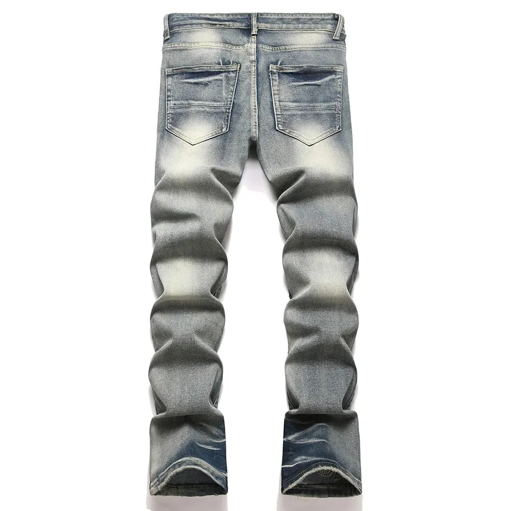 Men Slim Boot Cut Denim Jeans Punk Rivet Patch Stretch Pants Streetwear Blue Flared Trousers — image 2