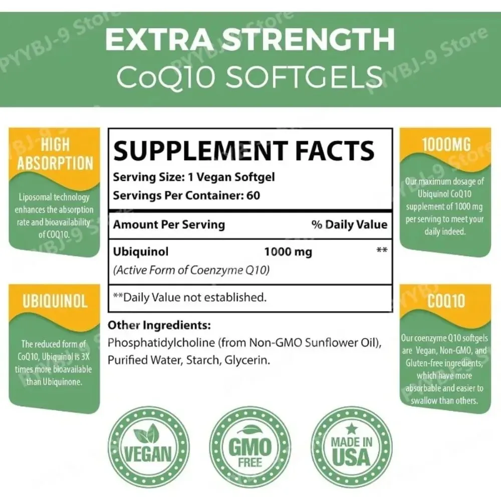 CoQ10 Ubiquinol 1000mg Vegan Softgels 60 Ct Liposomal High Absorption Coenzym Q10 for Hjerteenergi Antioxidant Daglig støtte — image 2