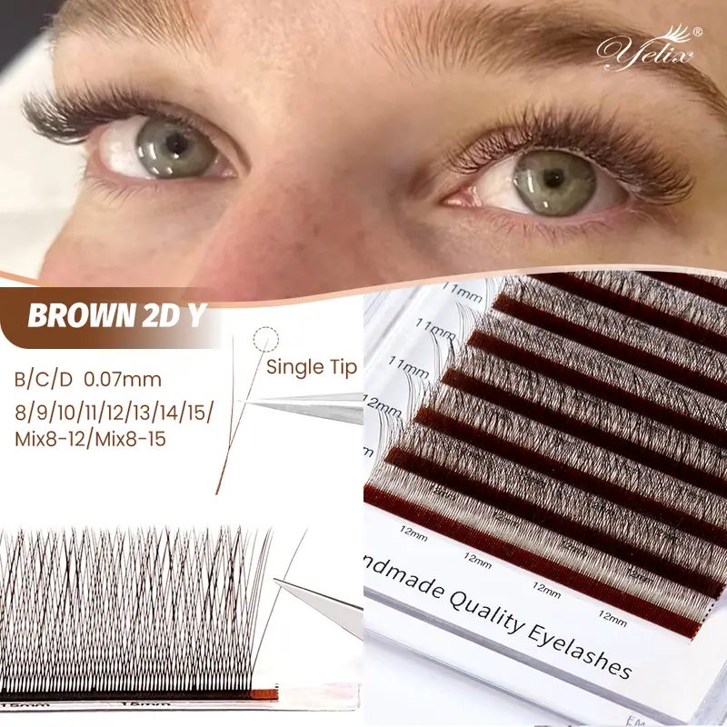 Yelix Brown 2D Y Premade oční řasy Prodlužování řas s jednou špičkou Přirozené Husté Měkké Bez uvolnění Kořen Snadné Fan Salon Lash Cilios Y