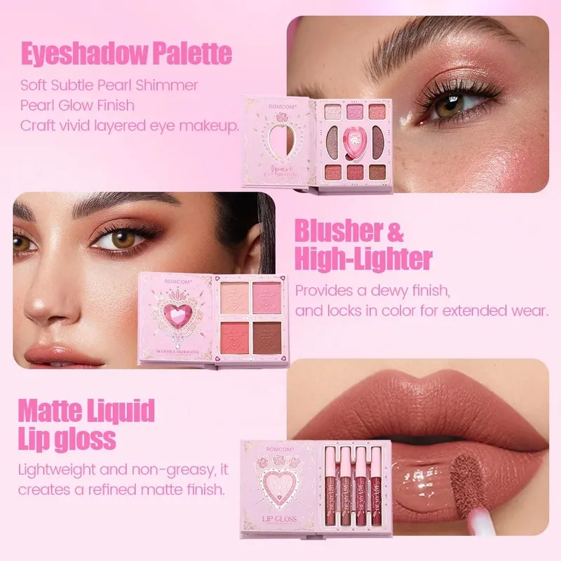 Pink Heart Decor Full Face Makeup Combo 9 Neutral Eye Shades 4 Cheek Tints 4 Nude Matte Lip Gloss Portable Design — image 3