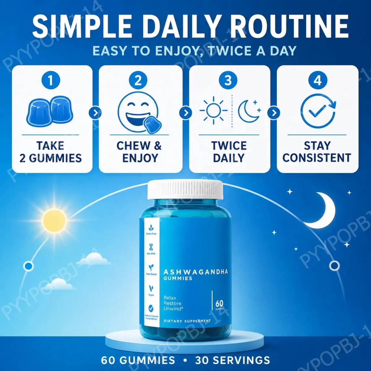 3-Pack Gummies Sæt: Ashwagandha til afstressning af tarmsundhed Probiotika + ACV Detox Vegansk Glutenfri Supplement 60 Ct hver — image 6