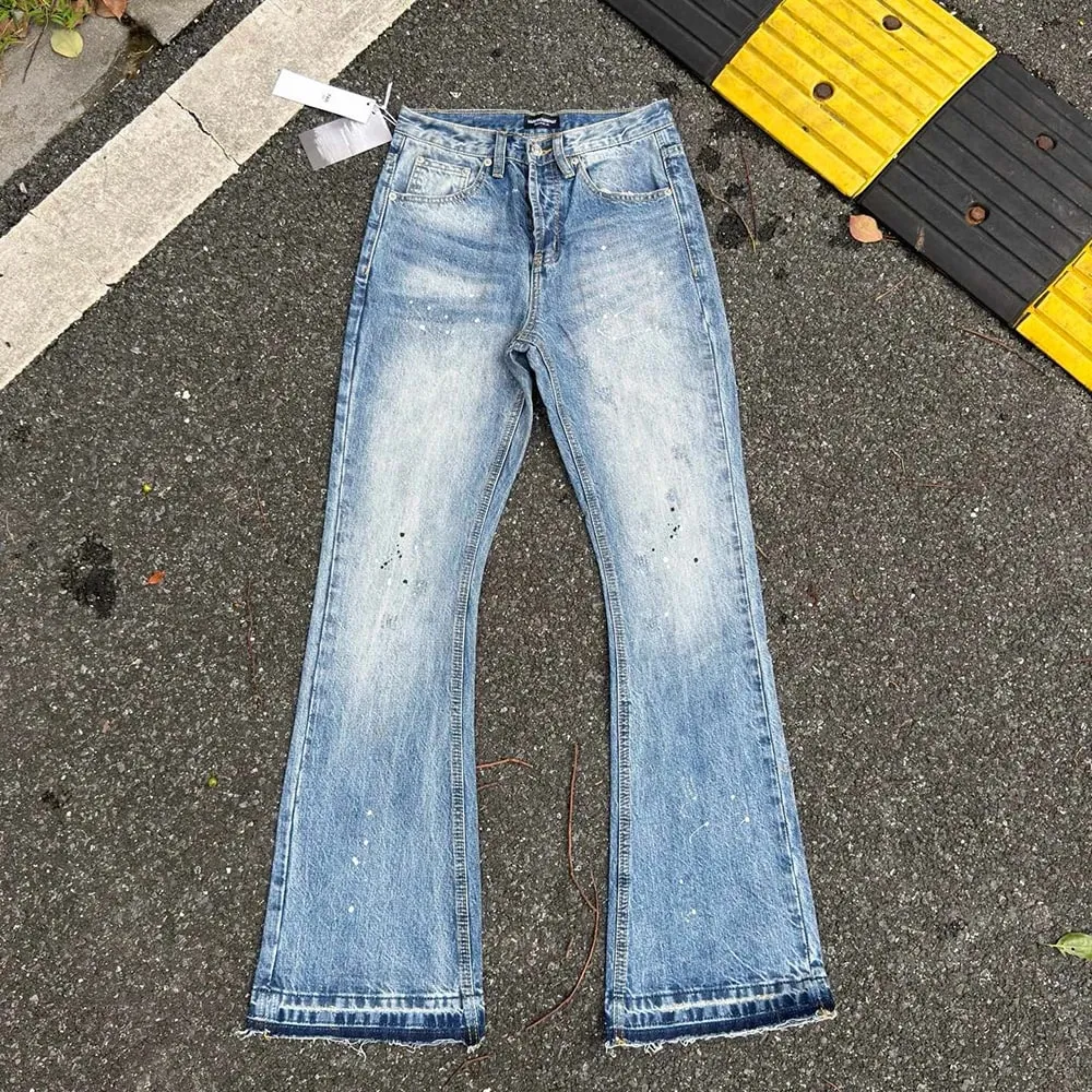 重水洗復古藍色墨水潑墨微喇叭牛仔褲男女直筒寬鬆牛仔褲長褲靴型 — image 4