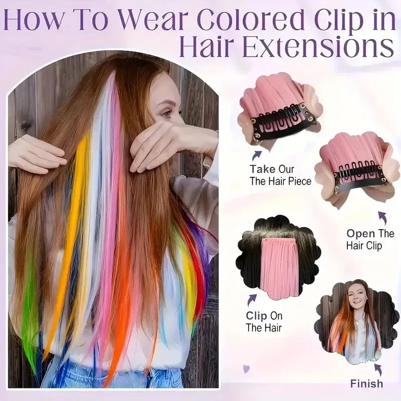 22Inch Colored Party Synthetic Clip in Hair Extensions for Girls Multi-colors Long Straight Hair Rainbow Hairpieces — image 6
