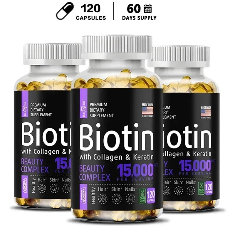 Biotin Supplement - 15 000 Mcg with Collagen and Keratin Vitamins Shiny Hair Skin and Nails Joint Health 30/60/120 Capsules