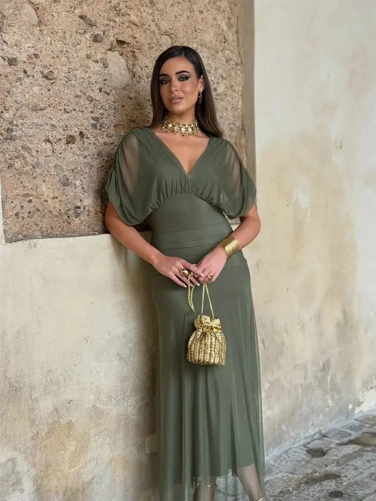 المرأة الصلبة العميق الخامس الرقبة شبكة فستان طويل أنيق نفخة كم قصير Ruched الخصر عالية فيستدوس 2026 الصيف سيدة رداء الشارع عادية