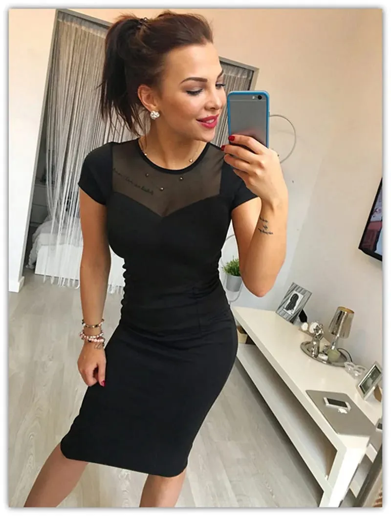 Plus Size Women Mesh Splicing Short Sleeve Dresses Sexy Night Club Bodycon Zipper Dress Summer Midi Pencil Vestidos De Mujer