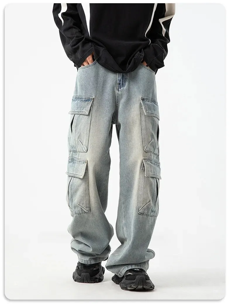 Gothic Harajuku Y2K Multi-Pocket Washed Black Jeans Men Fall Loose Drag Pants Street Hip Hop Rap 90s Spice Girls Wide Leg Pants — image 5