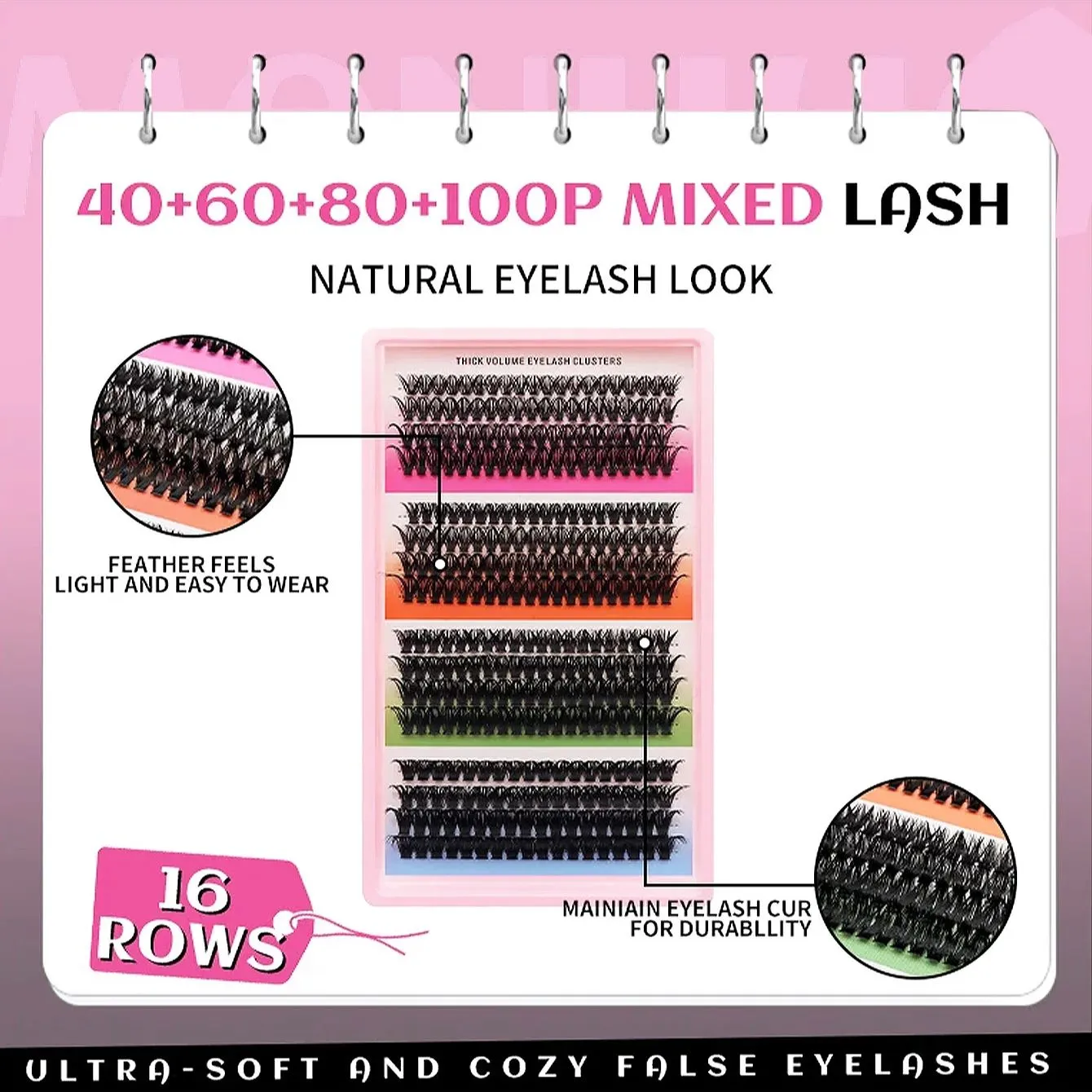 Olho de gato 16 linhas cluster cílios 406080100p misturado diy cílios individuais bandeja grossa diy extensão de cílios finos volume cílios — image 5