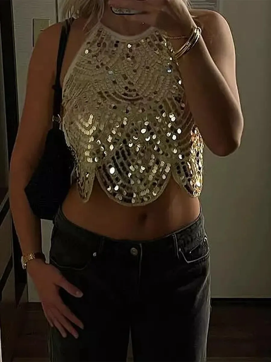 Seksowna damska koszulka na ramiączkach z cekinami, bez pleców, wiązana seksowny, błyszczący, krótki top bez rękawów, brokatowa bluzka na imprezę Clubwear — image 5
