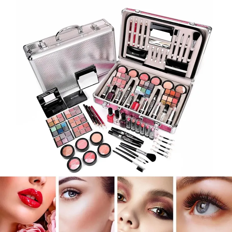 68pcs All in 1 Makeup box Makeup case Eyeshadow palette Powder Lip Stick Mascara Lip Pencil Eye Pencil Lip Brush Blush Mirror