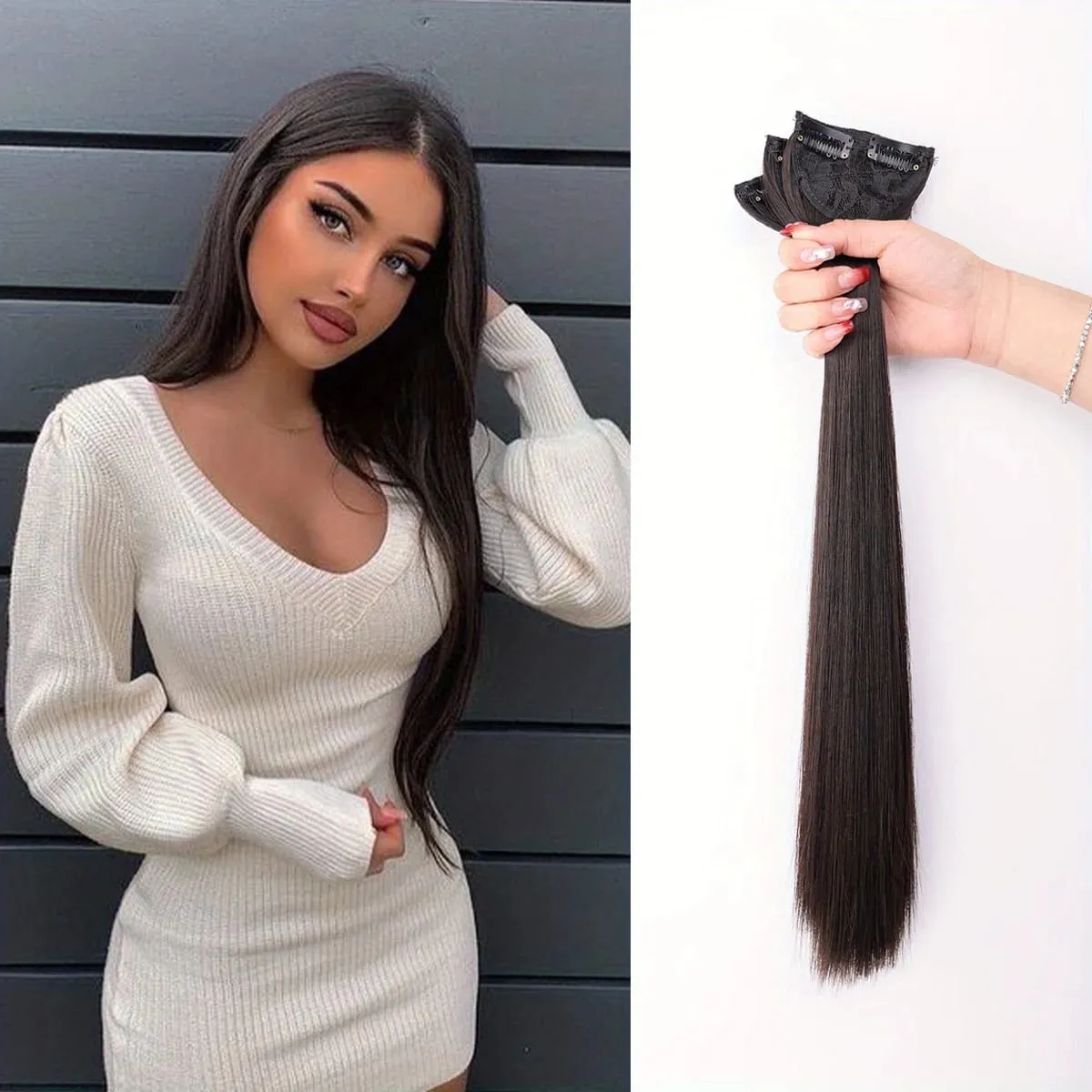 3pcs Set Clip In Hair Extensions Natural Straight 20Inch Synthetic Hairpieces Black Brown Dark Brown Thick Hair For Women Girls