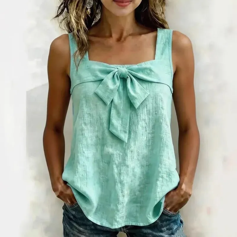 Women Square Neck Sleeveless Tank Tops Front Bow Decor Solid Color Casual Summer Ladies Camisole — image 5