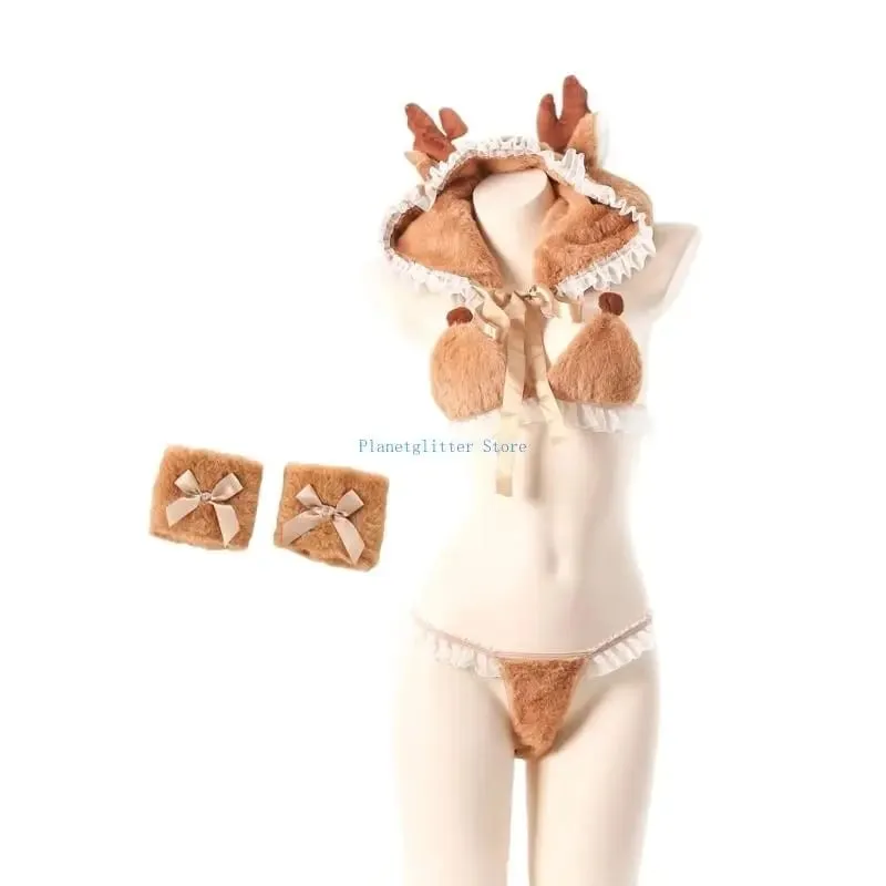 652B Deer Cosplay Lingerie Costume with Cap Wrist Cuffs Bra 4Pcs Anime Lingerie Set — image 2