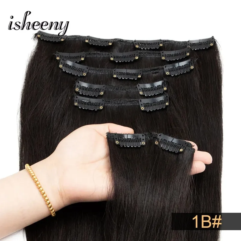 Isheeny 14"-22" Clip In Human Hair Extensions Brazilian Remy Natural Clip Human Hair Extension Real Natural Clip On 50-65G