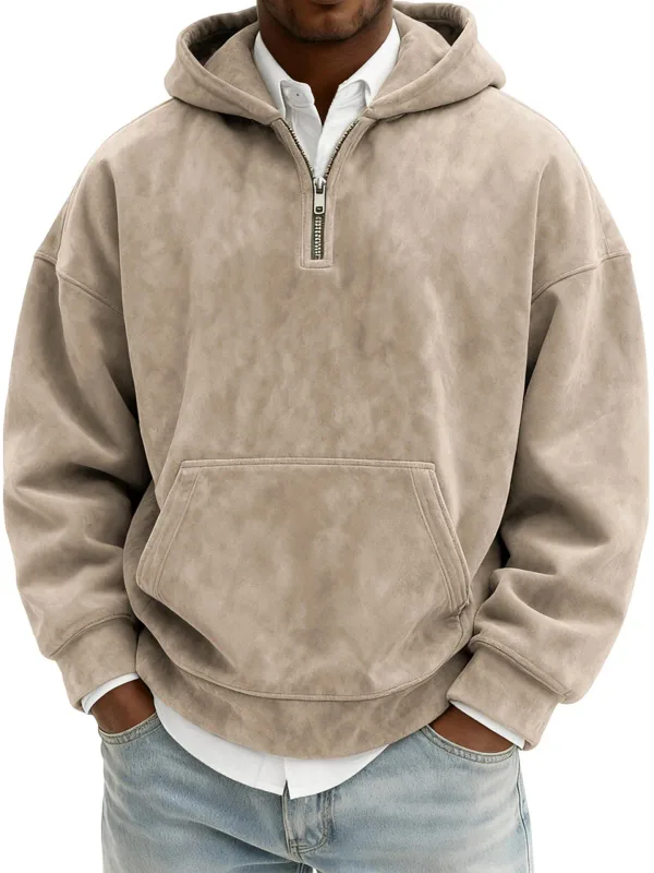 Amerika Fashion Baru Pria Warna Solid Setengah Ritsleting Lengan Panjang Kasual Trendi Harian Berkerudung Kaus Pria Hoodies Pakaian Atasan — image 13