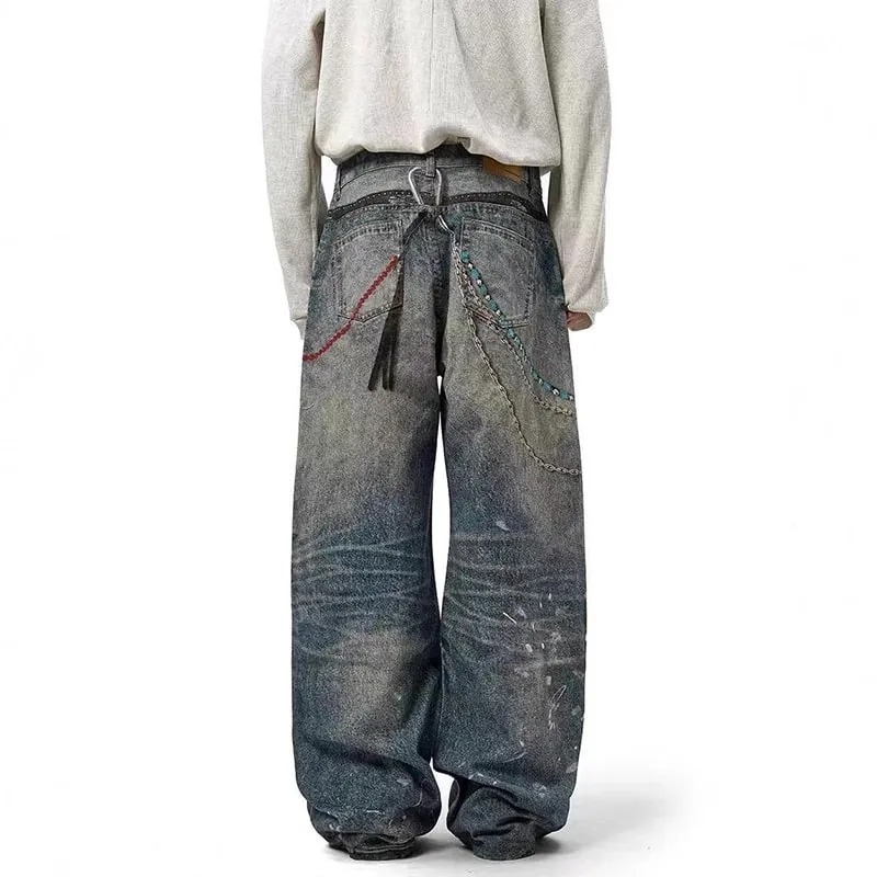 Niche Design Men's Denim Pants Chain Printing Contrast Color Splash-ink Casual Wide Leg Vintage Loose Male Jeans 9W4170 — image 7
