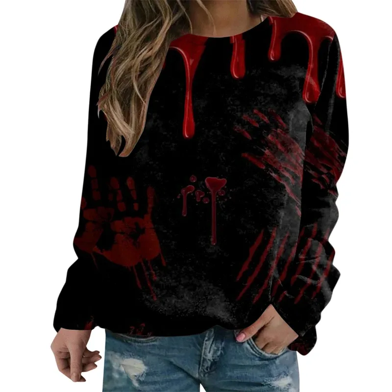 Sweatshirt Grafik Darah Keganasan Rekaan Pesta Halloween Pakaian Wanita Saya Baik Berdarah Wanita Sweater Wanita Seram Pullover Y2k — image 3