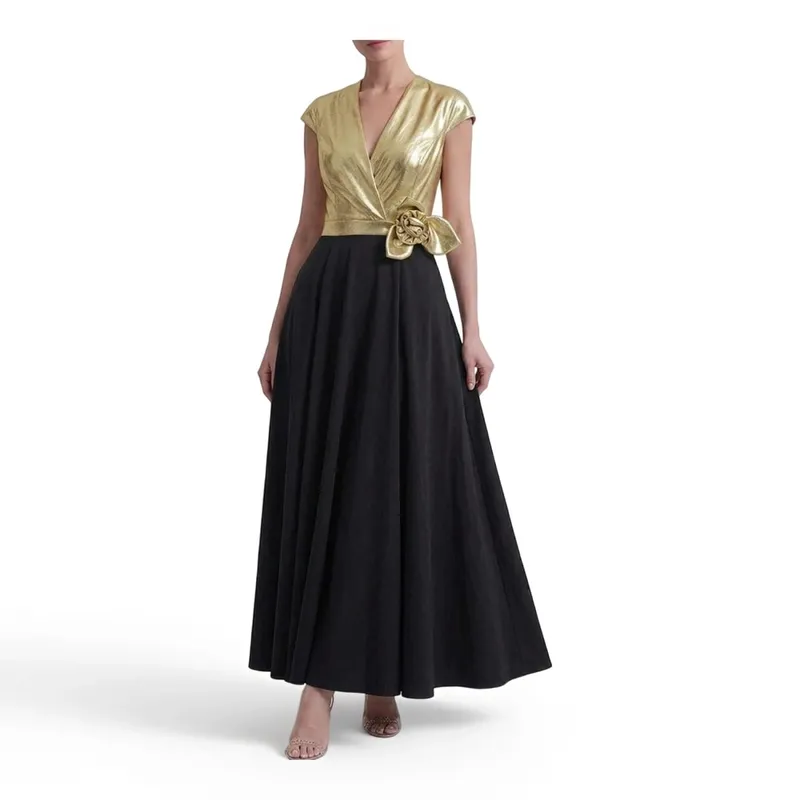 Women's Cap Sleeve V Neck Wrap Maxi Dress Contrast Splicing Floral Applique Detail A Line Pleated Long Dress Elegant Formal Evening Outfit