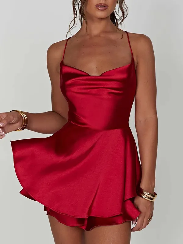 Satin soie femmes Sexy Cami combishorts robe solide col bénitier sans manches combinaisons courtes été croix cravate dos nu barboteuse — image 6
