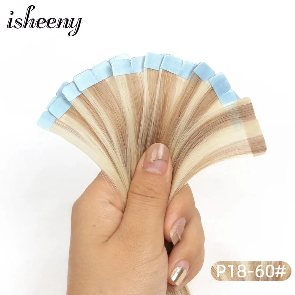 Isheeny 12"-24" Mini Tape Hair Extensions Machine Remy Skin Weft Adhesive Tape In Human Hair Natural Black Brown Blonde 10pcs