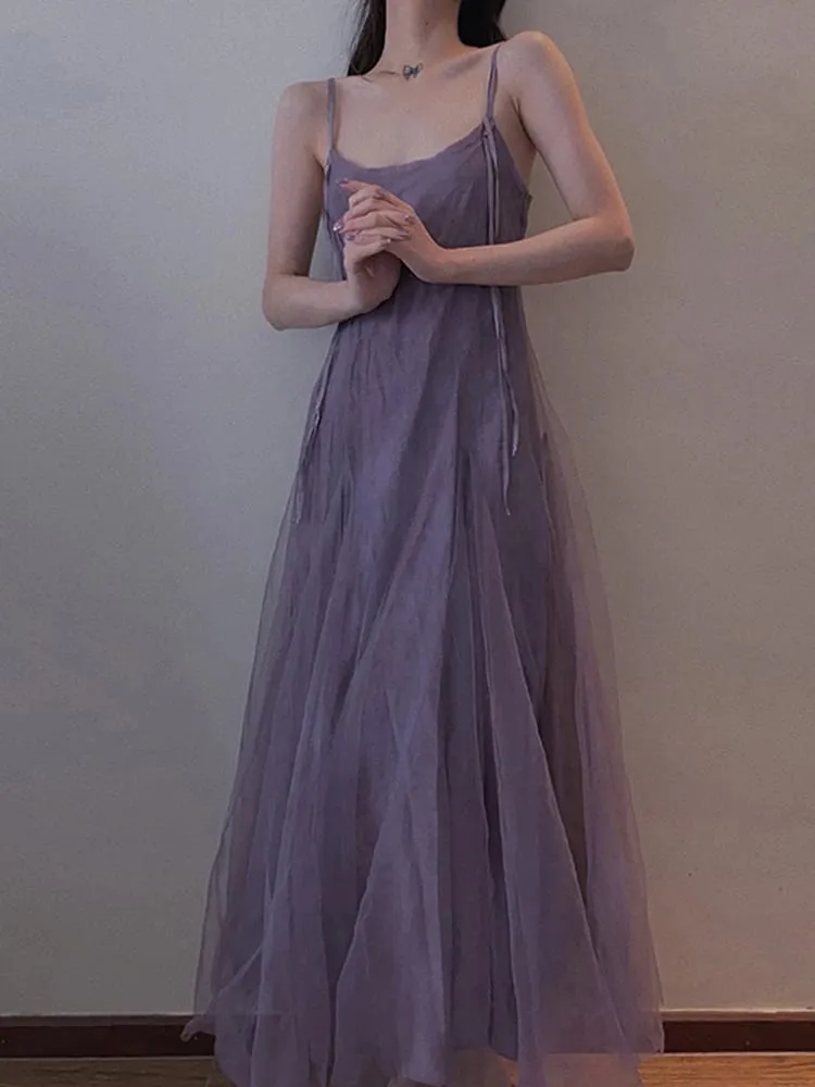 Slimming Effect Purple Mesh Ankle-Length Dress with Strap for plus Size Women Conceals Belly A-Line Gown Korean Style Commute... — image 3