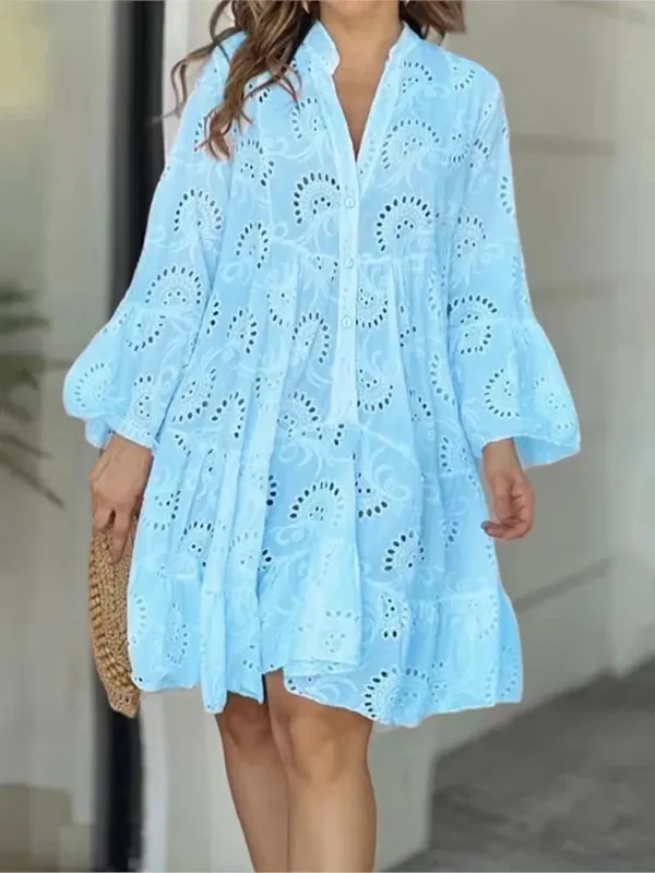 Customizable Summer Loose Vintage Solid Lace Dress Fashion V-neck Flare Sleeve Embroidery Dress — image 2