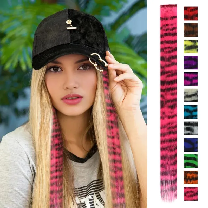 Synthetic Feather Hair Extension Piece One-card leopard Print Wig Colorful Silk Hanging Ear Dyed long Straight Hair Cushion — image 2