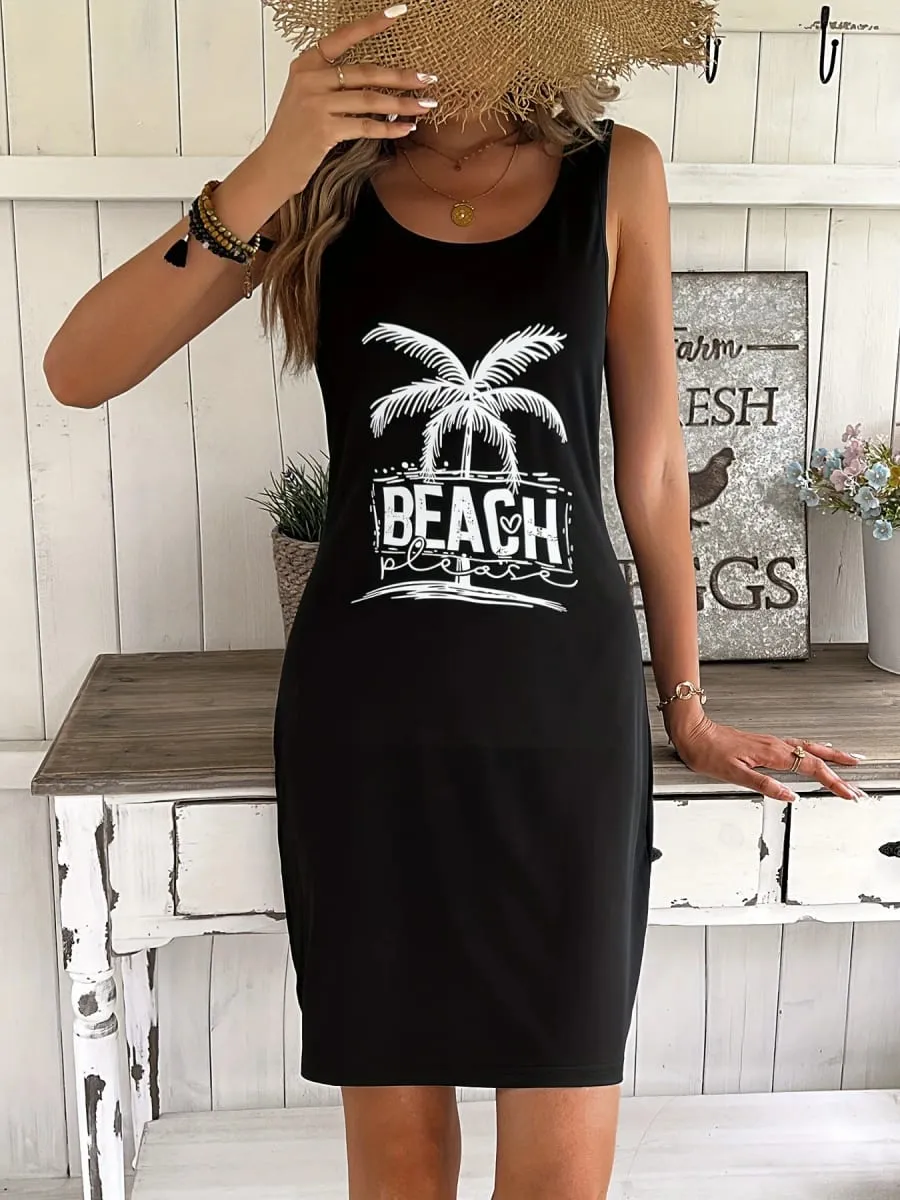 Women's summer loose and comfortable casual palm tree and beach letter printed black sleeveless vest dress punk style dress — image 5