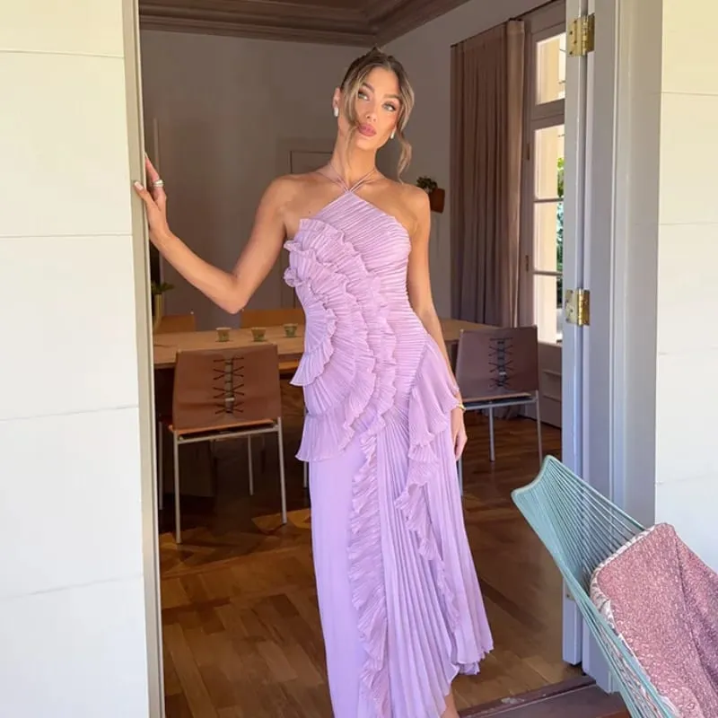 Elegant Purple Halter A Line Prom Gowns Ruffles Tiered Backless Party Gown Summer Vacation Chiffon Long Evening Dress — image 1