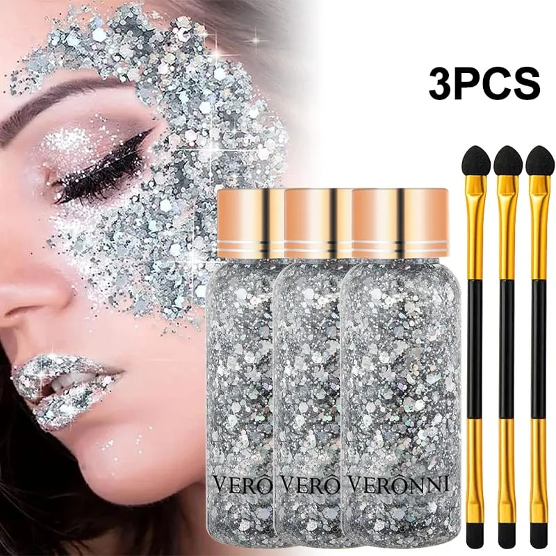 3Pcs Chunky Glitter Set With 3 Double-ended Eyeshadow Brushes For Festival Halloween Party Stage Photoshoot Face Body Makeup