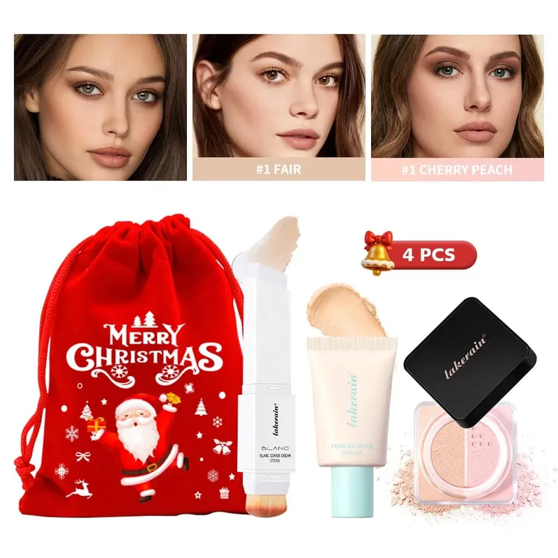 4Pcs Face Makeup Set Foundation Stick Pore No More Primer Loose Setting Powder Long Lasting Matte Beginner Makeup Christmas Gift