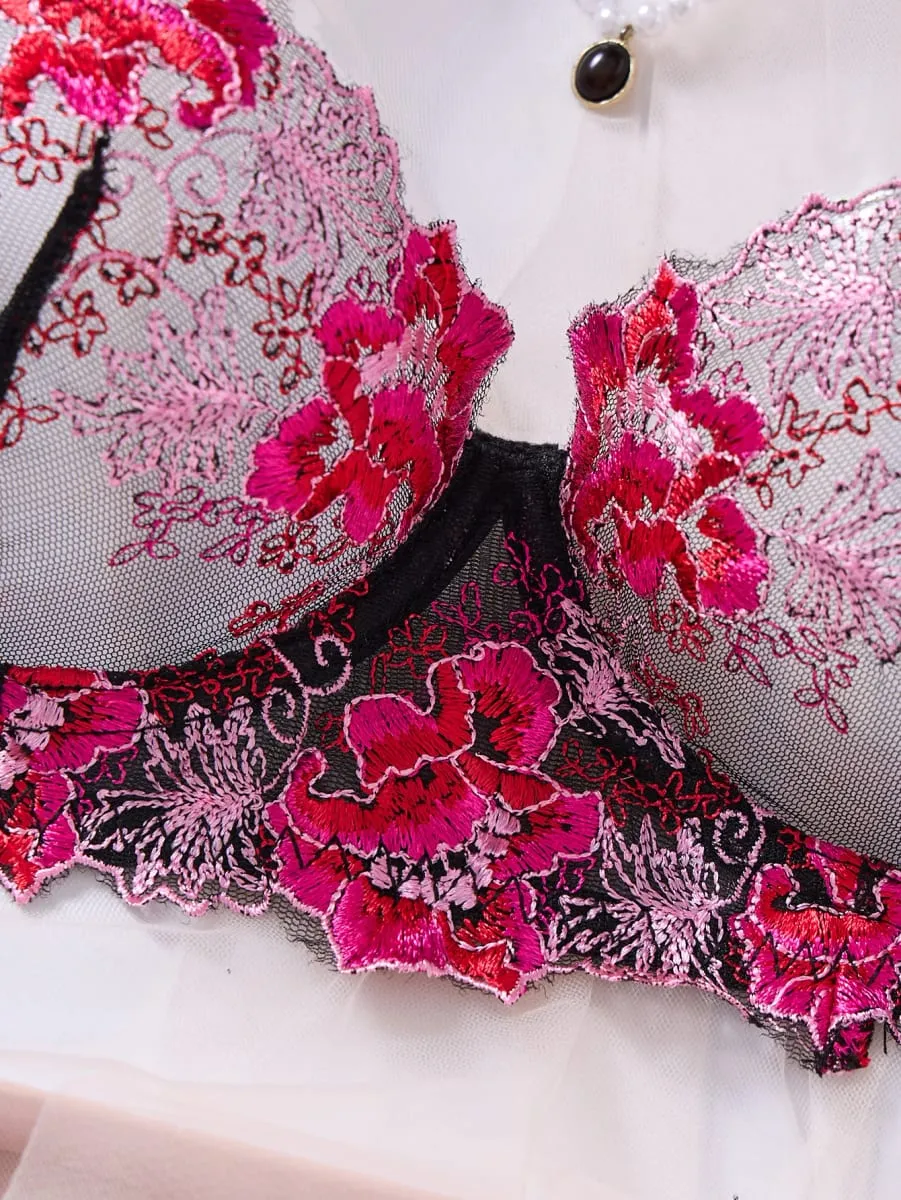 Elegant Black Floral Embroidered Lace Lingerie Set Women Push Up Bra Thong Satin Mesh Romantic Intimate Underwear ZA825146