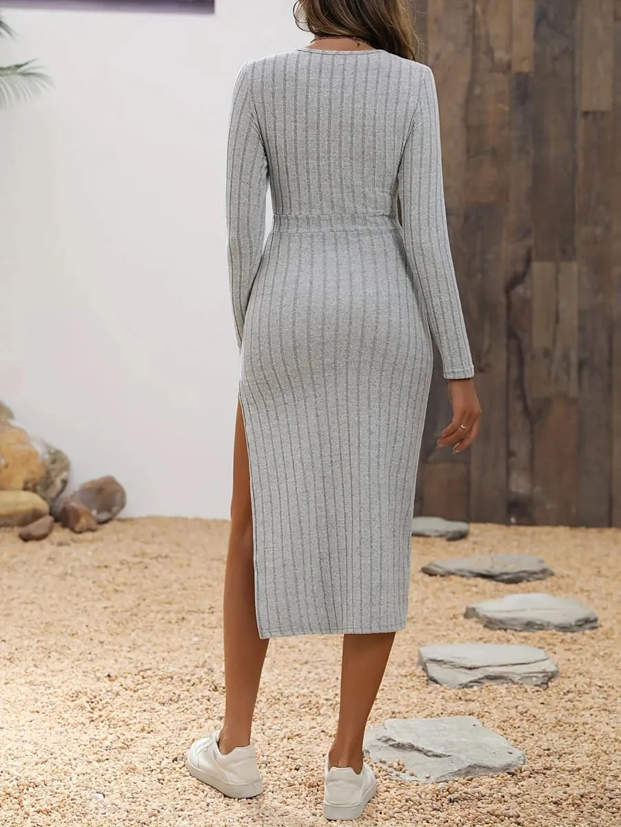 Solid Split Thigh Surplice Neck Ribberd Knit Dress Vacation — image 2