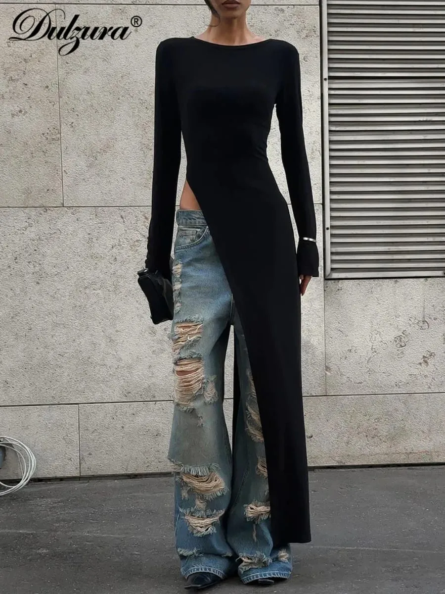 Dulzura Long Sleeves Side High Slit Maxi Dress Solid Sexy Long Dress Women’S Party Club Streetwear Autumn Winter Outfit — image 1