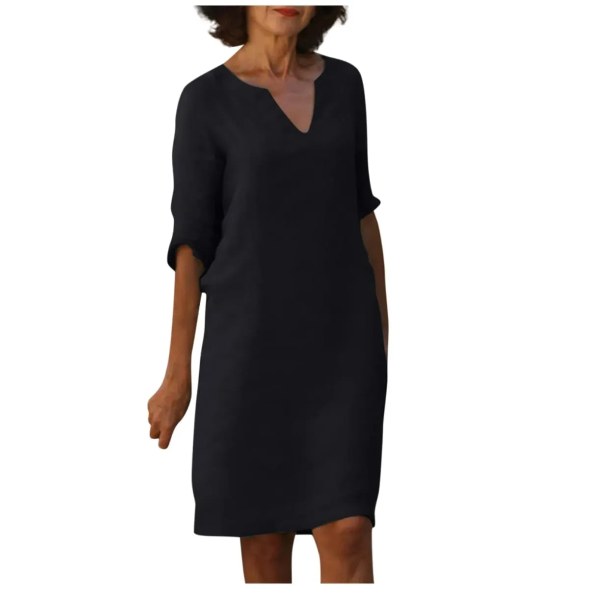 Cotton Linen Women's White Mini Dresses Half Sleeve Holiday Vacation Women's Dress V Neck Solid Color Women's Summer Party Dress
