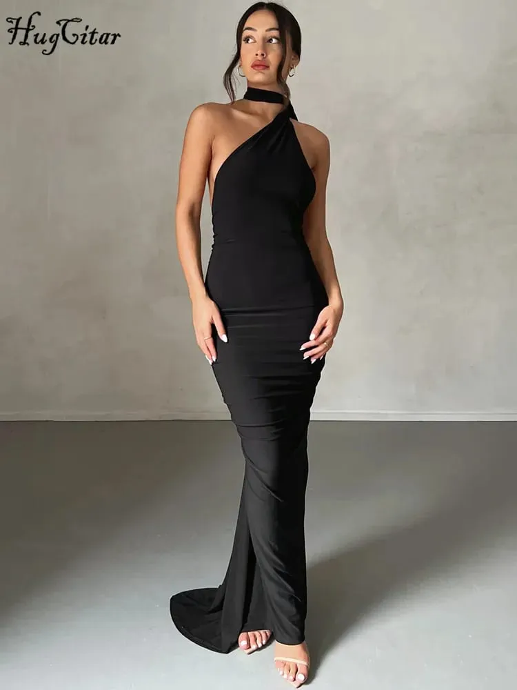 Hugcitar One Shoulder Rygløs justerbar tørklædeløkke Ruched Sexet Maxikjole 2025 Kvinder Elegant Y2K Streetwear Festival Outfit — image 6