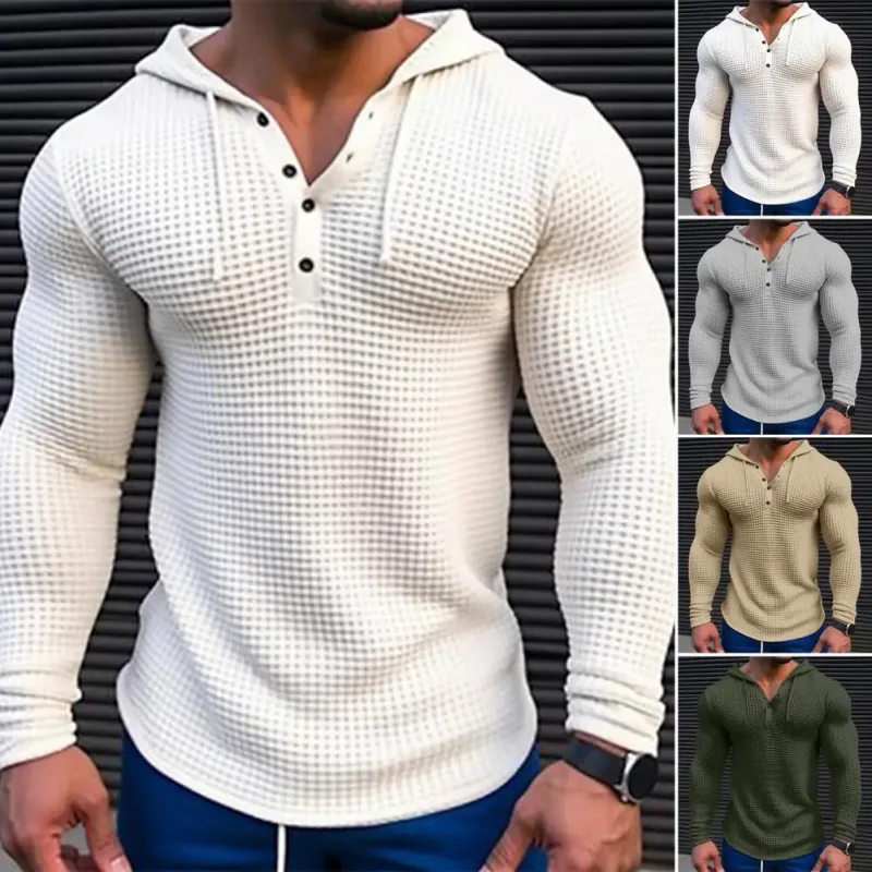 Spring Solid Color Slim Fit Long Sleeved T-shirt Men's Hooded Breathable Sports Top Waffle Cotton Casual Long Sleeved Shirt