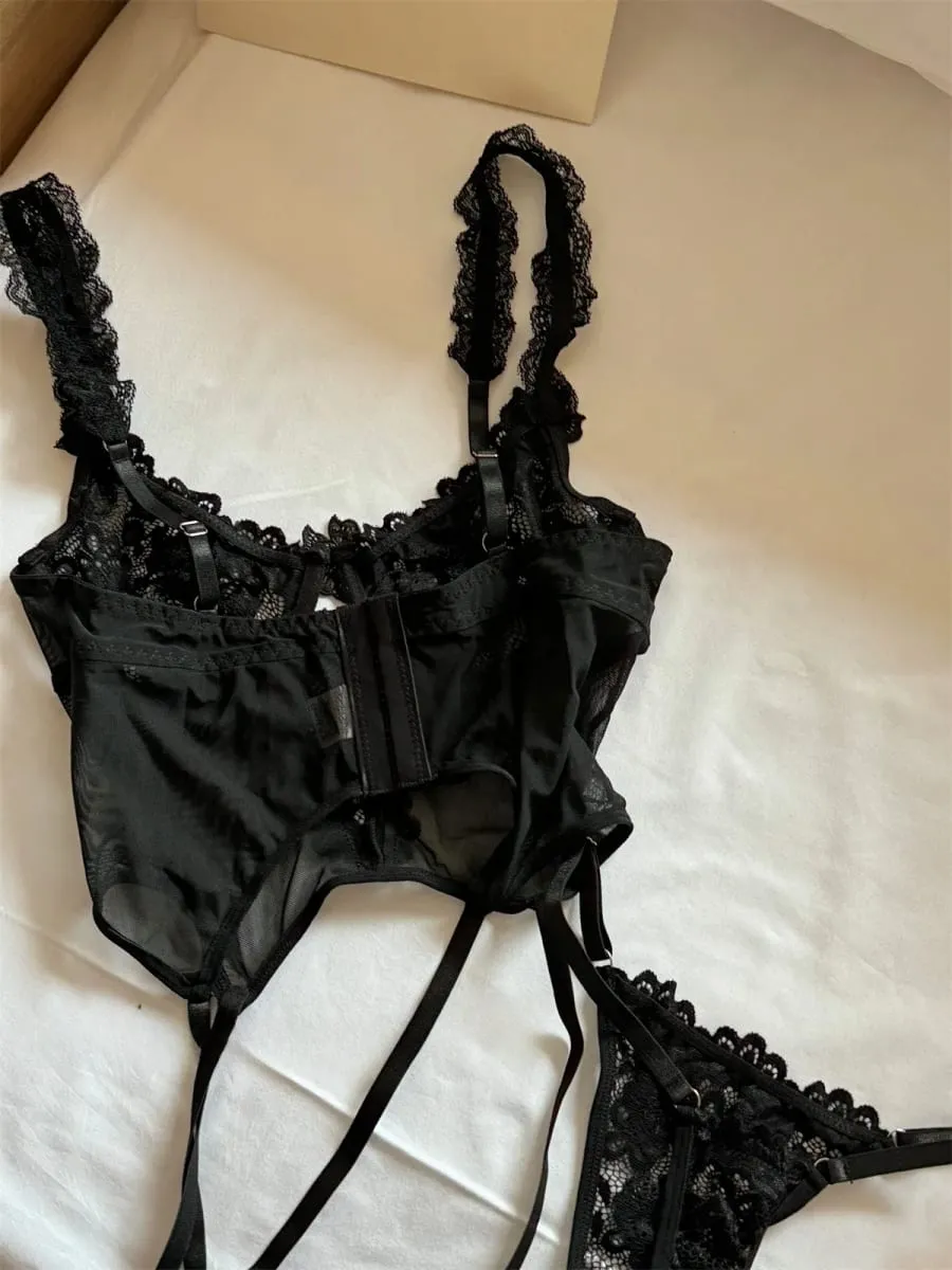 Embroidery flowers gathered cup underwear thin lace women lingerie gathered top support large breasts show small bra set — image 3