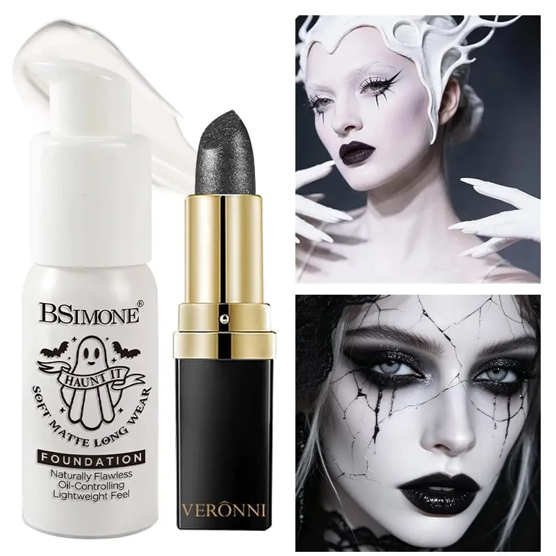 2pcs Set Black Diamond Glitter Lipstick & White Foundation Halloween Cos Stage Creative Makeup Kit For Face & Lip — image 8