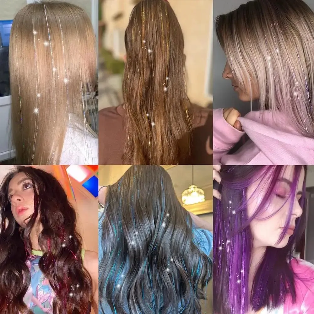 20 Inch Glitter Tinsel Hair Extensions with Clips In 6Pcs/Set Synthetic Clip in Sparkle Fairy Hair Accessories for Women Kids