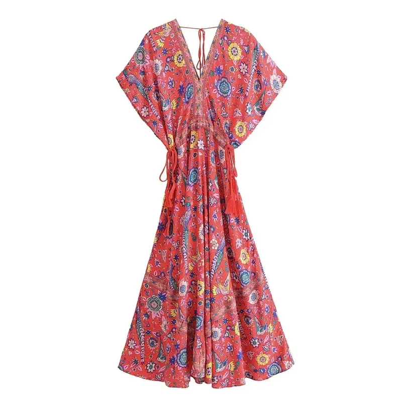 Boho Queens Women Peacock Květinový potisk Netopýří rukáv Plážové Bohémské Maxi šaty Dámské Letní šaty s výstřihem do V Letní šaty Vestidos — image 9