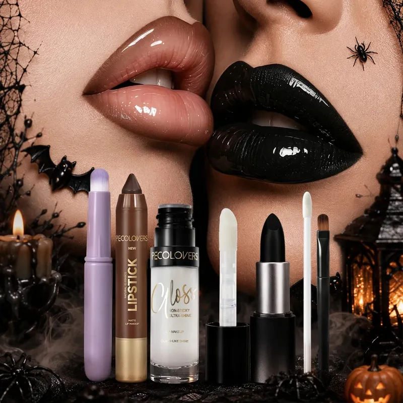 6PCS Lip Makeup Set Black Pigmented Lipstick Lip Liner Pencil Clear Glass-Like Shine Lip Gloss Lip Smudge Round Flat Brushes